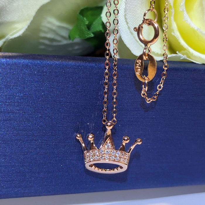 18K Solid Gold O Chain Natural Diamond Pendant Necklace Crown Charm Jewelry