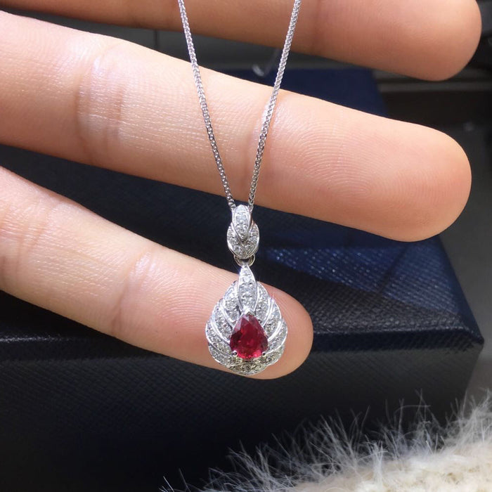 18K Solid Gold Chopin Chain Natural Ruby Diamond Pendant Necklace Teardrop Charm Jewelry