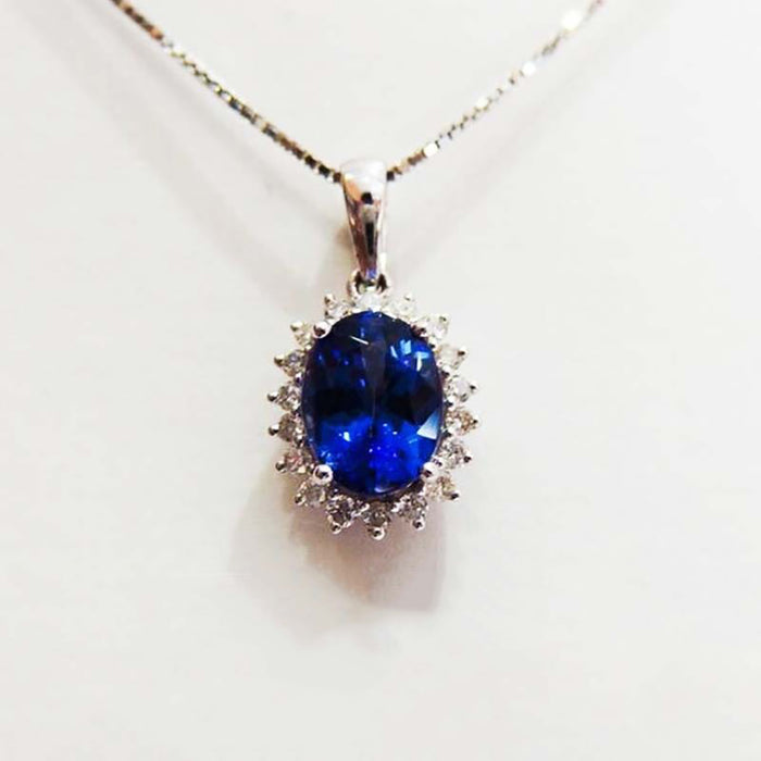 18K Solid Gold Natural Oval AAA Tanzanite Diamond Pendant Necklace Charm Jewelry