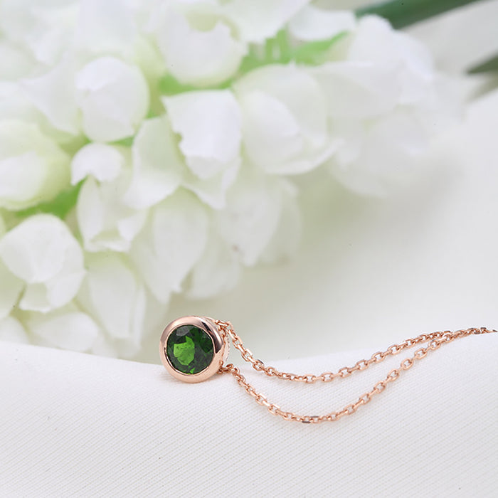 18K Solid Gold Natural Diopside Pendant Necklace Gemstone Round Charm Jewelry