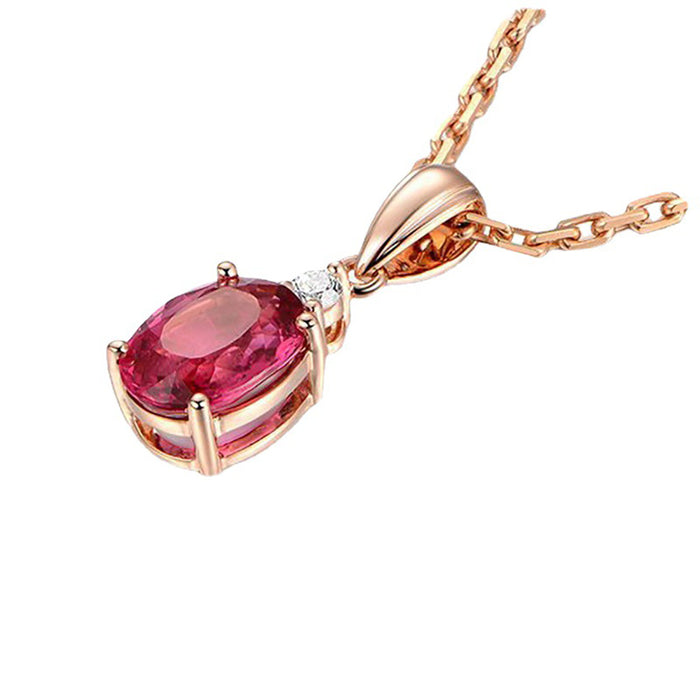 18K Solid Gold Natural Oval Red Tourmaline Diamond Pendant Necklace Charm Jewelry