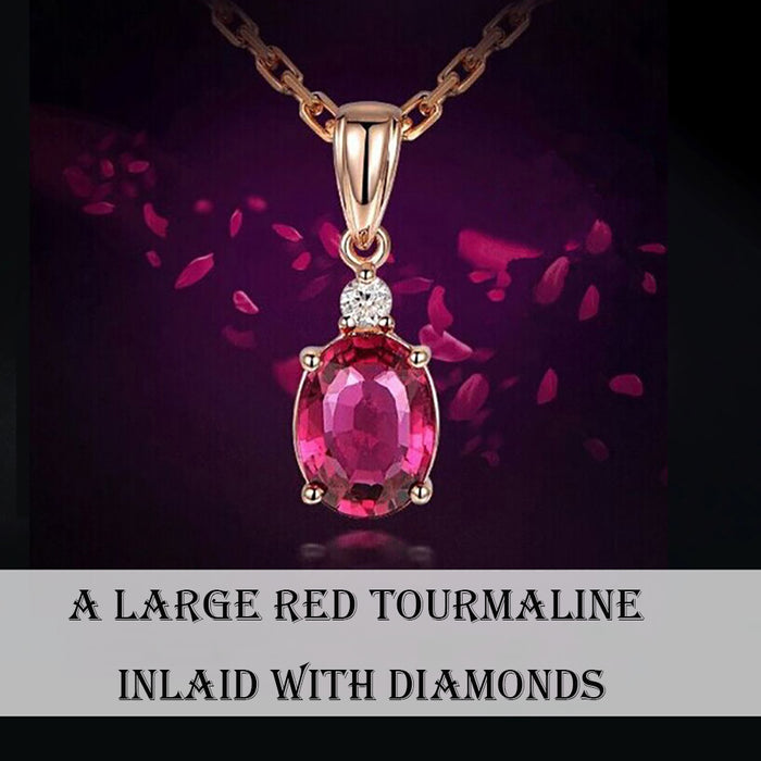 18K Solid Gold Natural Oval Red Tourmaline Diamond Pendant Necklace Charm Jewelry