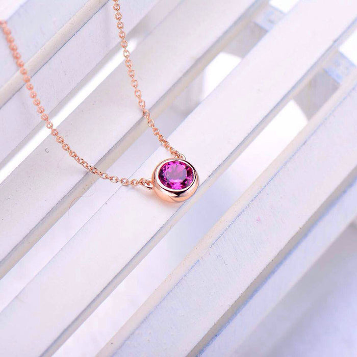 18K Solid Gold Natural Tourmaline Pendant Necklace Gemstone Round Charm Jewelry