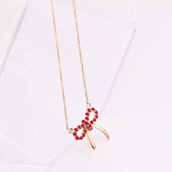18K Solid Gold Natural Round Ruby Pendant Necklace Gemstone Bow Charm Jewelry
