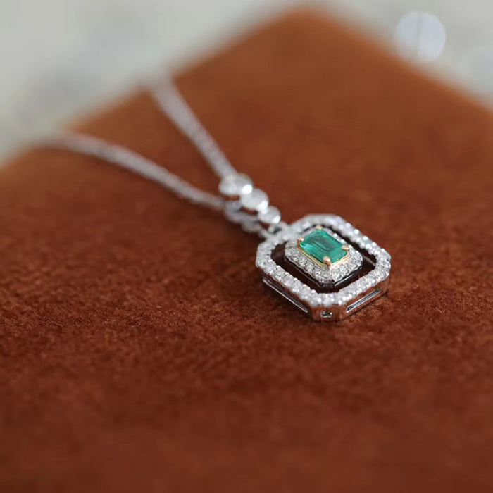 18K Solid Gold Natural Emerald Diamond Pendant Necklace Charm Jewelry 18"