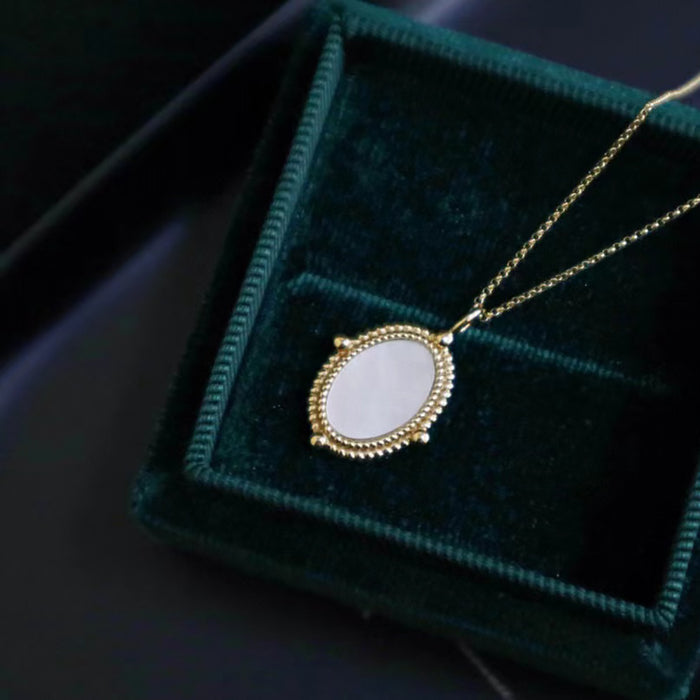 18K Solid Gold Natural Pearl Shell Pendant Necklace Magic Mirror Charm Jewelry