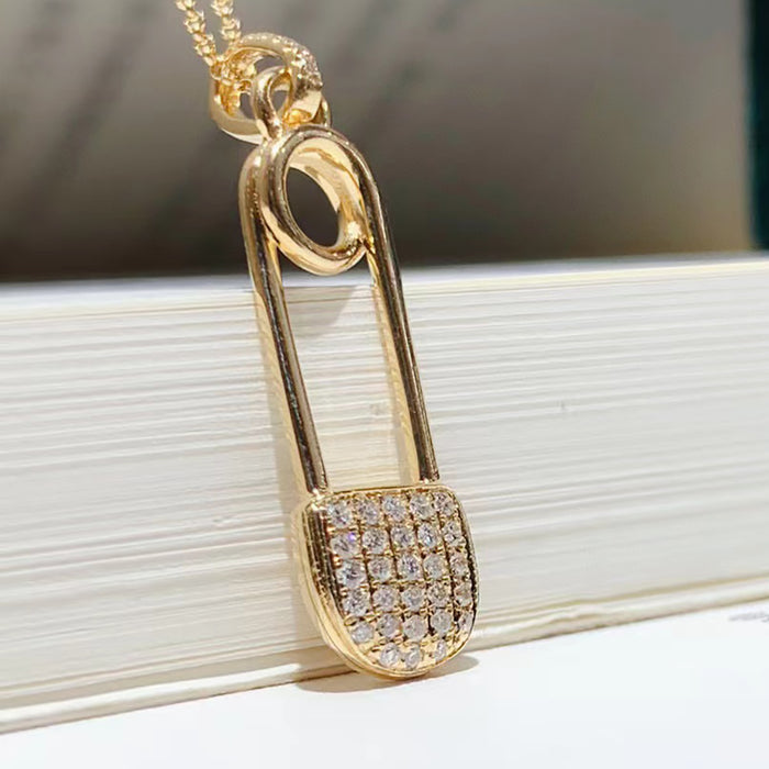 18K Solid Gold Rolo Chain Natural Diamond Pendant Necklace Pin Charm Jewelry 18"