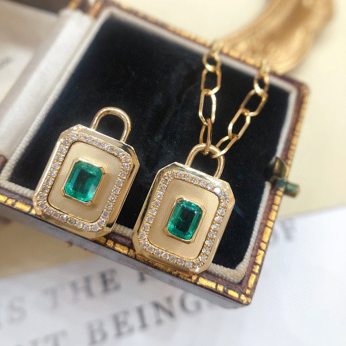 18K Solid Gold Cuban Chain Natural Emerald Diamond Pendant Necklace Charm Jewelry