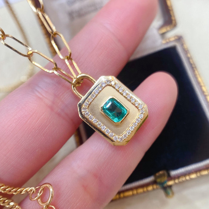 18K Solid Gold Cuban Chain Natural Emerald Diamond Pendant Necklace Charm Jewelry