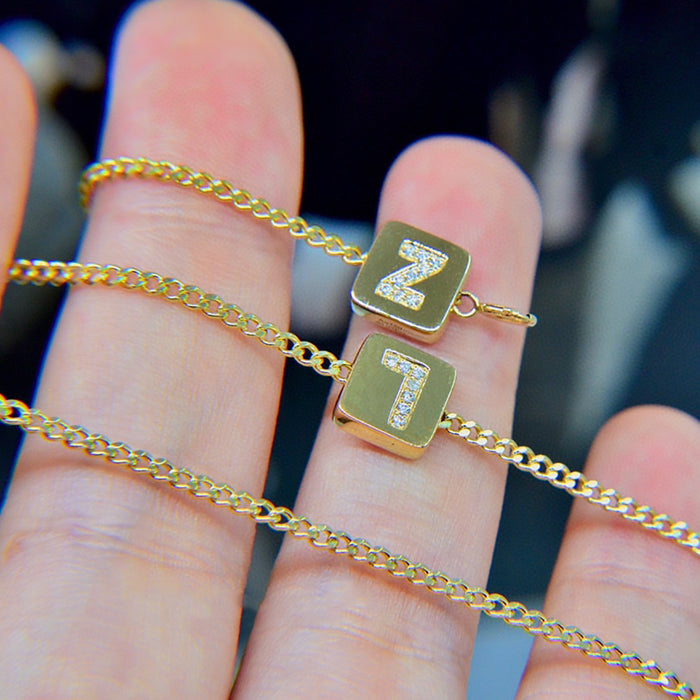 18K Solid Gold Natural Diamond Cuban Chain 26 Letters Pendant Necklace Bracelet Jewelry