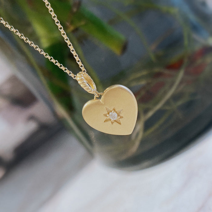 18K Solid Gold Rolo Chain Natural Diamond Pendant Necklace Loving Heart Jewelry
