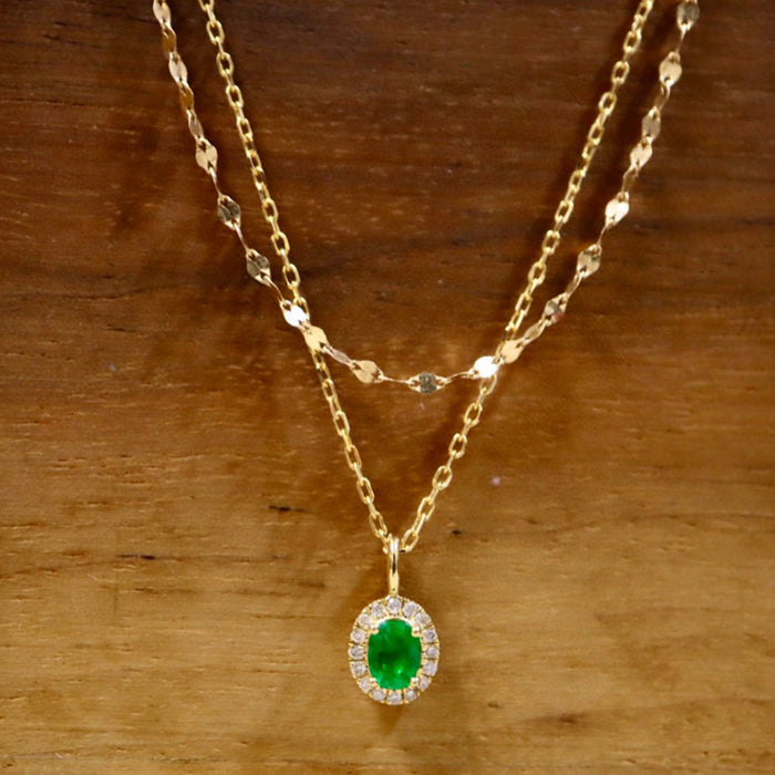 18K Solid Gold Natural Oval Emerald Diamond Pendant Necklace Double Layer Charm Jewelry