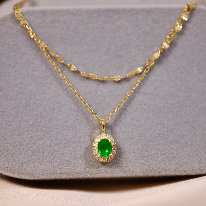 18K Solid Gold Natural Oval Emerald Diamond Pendant Necklace Double Layer Charm Jewelry