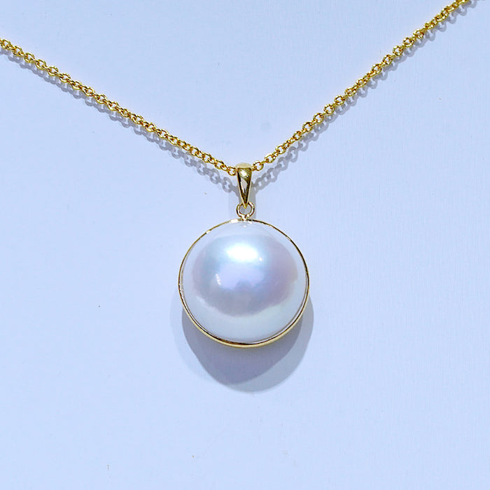 18K Solid Gold Natural 12-13mm Mabe Pearl Pendant Necklace O Chain Charm Jewelry 18"