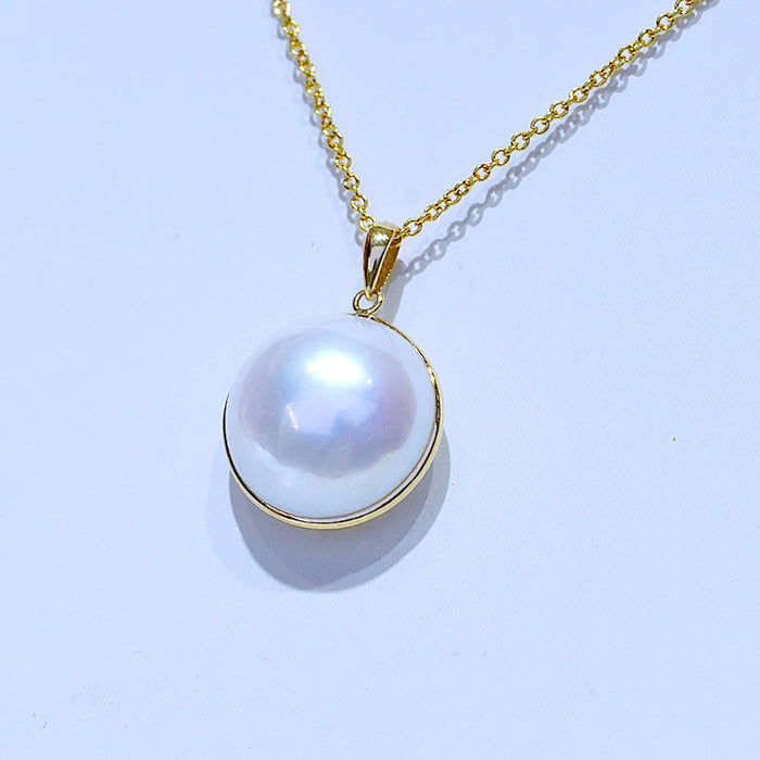 18K Solid Gold Natural 12-13mm Mabe Pearl Pendant Necklace O Chain Charm Jewelry 18"