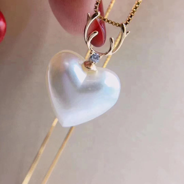 18K Solid Gold Natural 14-15mm Heart Pearl Pendant Necklace O Chain Antler Charm 18"