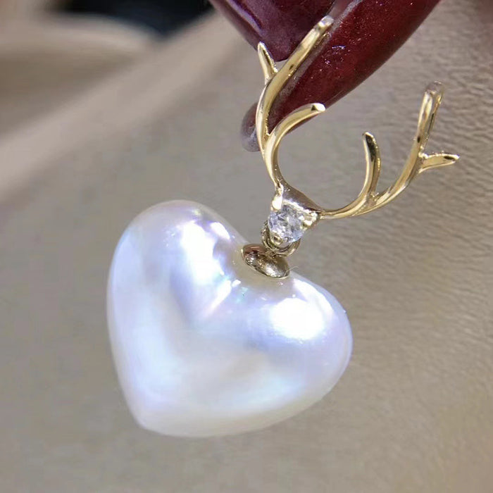 18K Solid Gold Natural 14-15mm Heart Pearl Pendant Necklace O Chain Antler Charm 18"