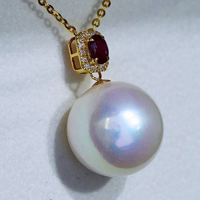 18K Solid Gold Natural Ruby 12-14mm Round Pearl Pendant Necklace O Chain Charm 18"