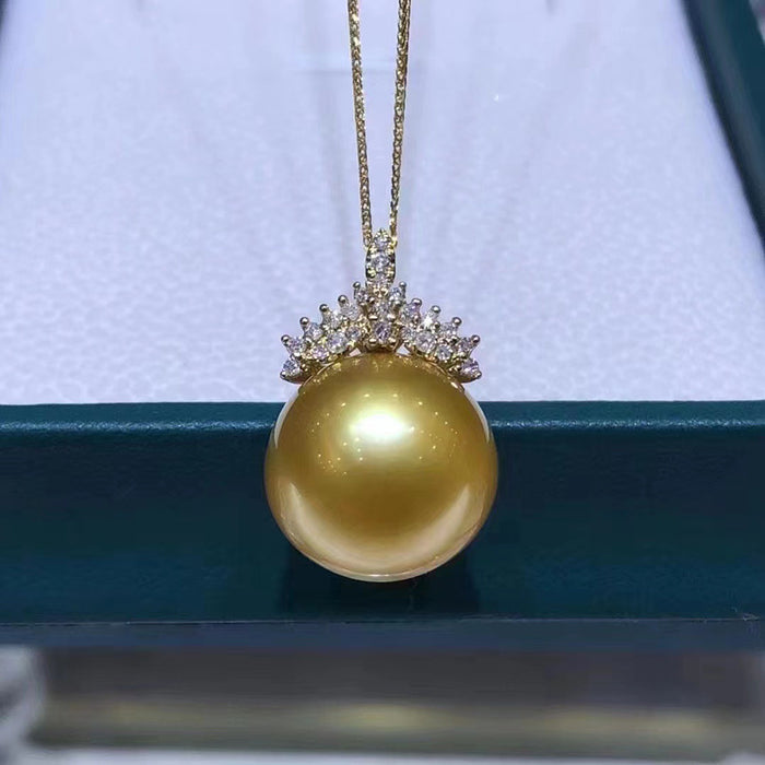 18K Solid Gold Natural Seawater 11-14mm Round Pearl Pendant Necklace Chopin Chain Charm 18"