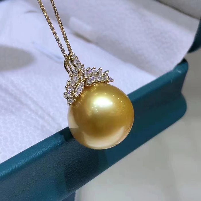 18K Solid Gold Natural Seawater 11-14mm Round Pearl Pendant Necklace Chopin Chain Charm 18"