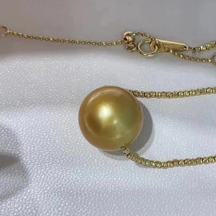 18K Solid Gold Natural Seawater 11-14mm Round Pearl Pendant Necklace Bead Chain Charm 18"