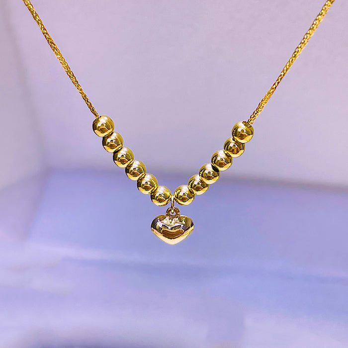 18K Solid Gold Chopin Chain Pendant Necklace Bead Loving Heart Charm Jewelry 18"
