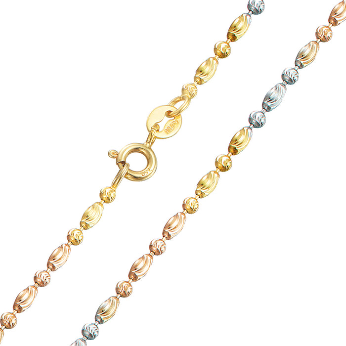 18K Solid Multicolor Gold 2mm Bead Chain Beaded Necklace Charm Jewelry 16"-24"