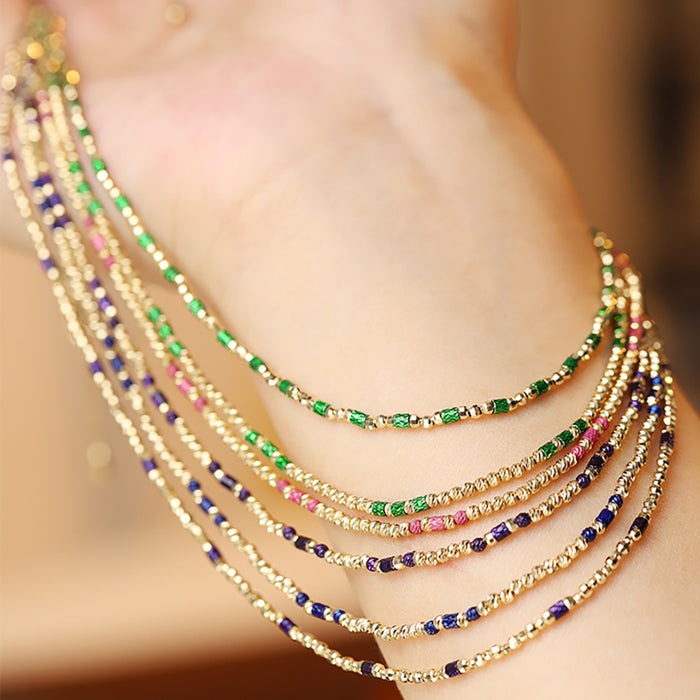 18K Solid Multicolor Gold Bead Chain Beaded Necklace Laser Glossy Charm Jewelry 18"
