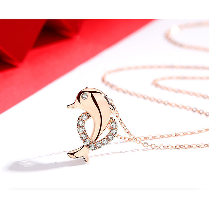 18K Solid Gold O Chain Natural Diamond Pendant Necklace Dolphin Heart Charm Jewelry 18"