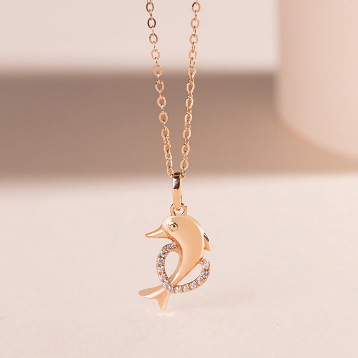 18K Solid Gold O Chain Moissanite Pendant Necklace Dolphin Heart Charm Jewelry