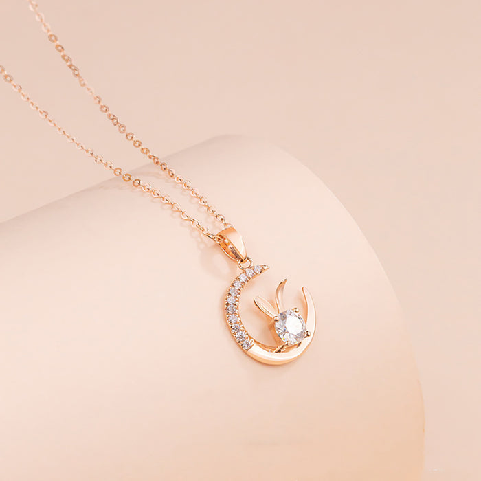 18K Solid Gold O Chain Moissanite Pendant Necklace Rabbit Moon Charm Jewelry