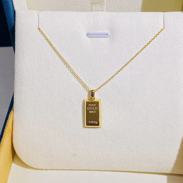 18K Solid Gold Pendant Necklace Gold Bar Bullion Wealth Rectangle Lucky Jewelry