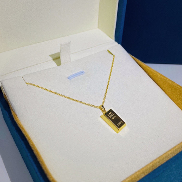 18K Solid Gold Pendant Necklace Gold Bar Bullion Wealth Rectangle Lucky Jewelry