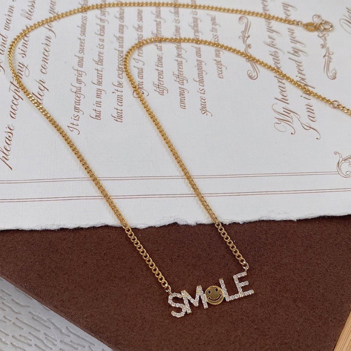 18K Solid Gold Cuban Chain Natural Diamond Pendant Necklace Smiling Face Charm Jewelry