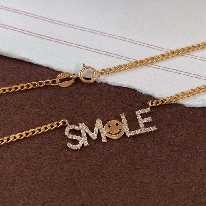 18K Solid Gold Cuban Chain Natural Diamond Pendant Necklace Smiling Face Charm Jewelry