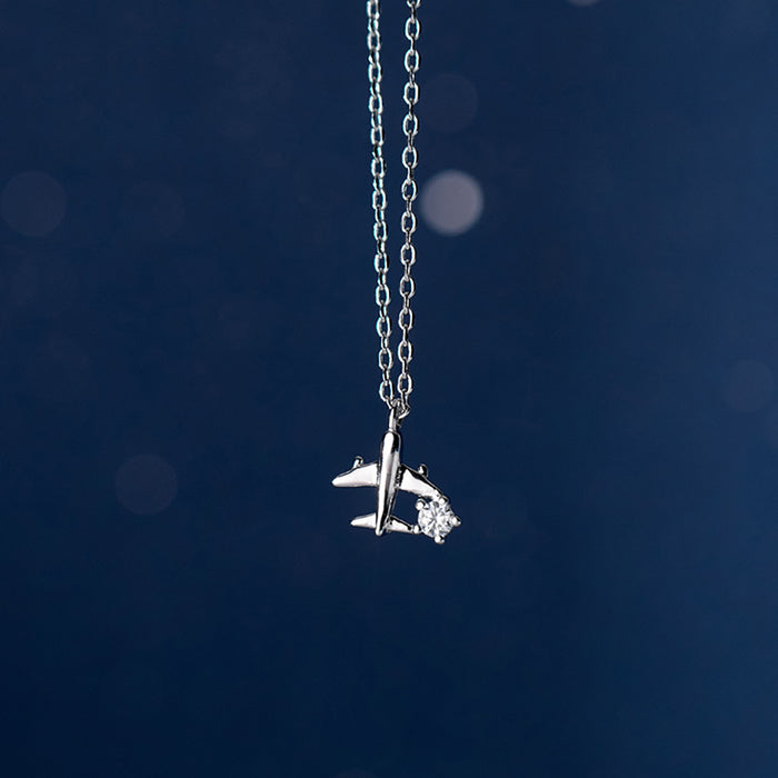 925 Sterling Silver Diamond Airplane Necklace Pendant Travel Places Fashion Fine Jewelry