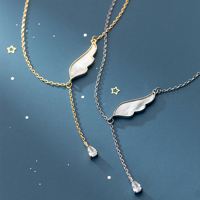 925 Sterling Silver Diamond Water Drop Necklace Pendant Angel Wings Fashion Jewelry