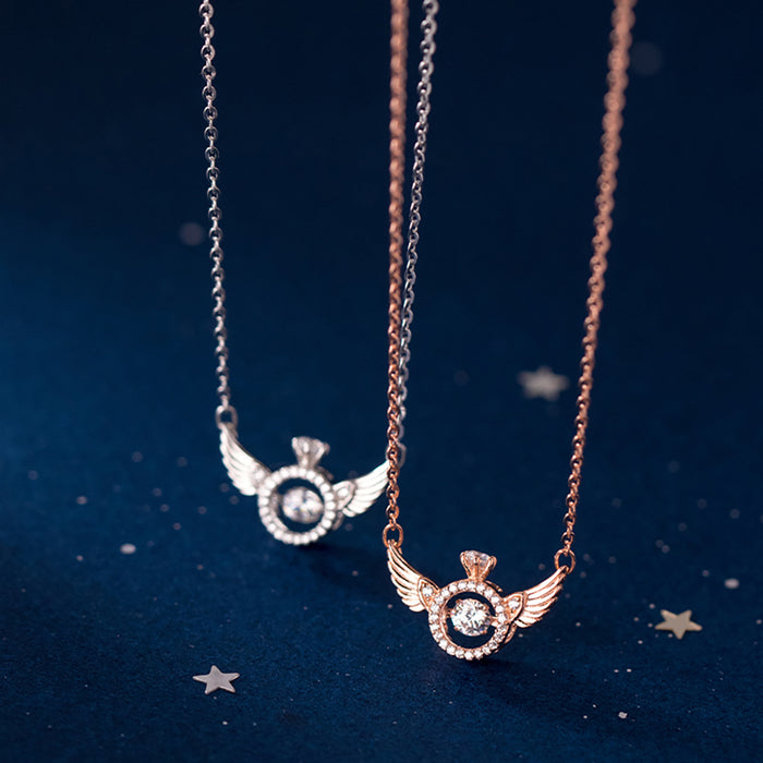 925 Sterling Silver Sweet Diamond Crown Pierced Angel Wings Necklace Pendant Fashion Fine Jewelry