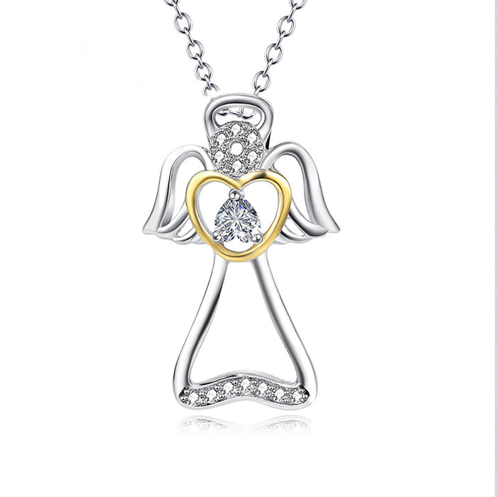 925 Sterling Silver Angel Wings Necklace Pendant Heart Cubic Zirconia Fashion Jewelry
