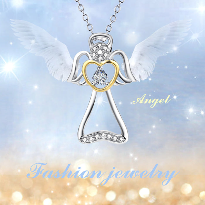 925 Sterling Silver Angel Wings Necklace Pendant Heart Cubic Zirconia Fashion Jewelry