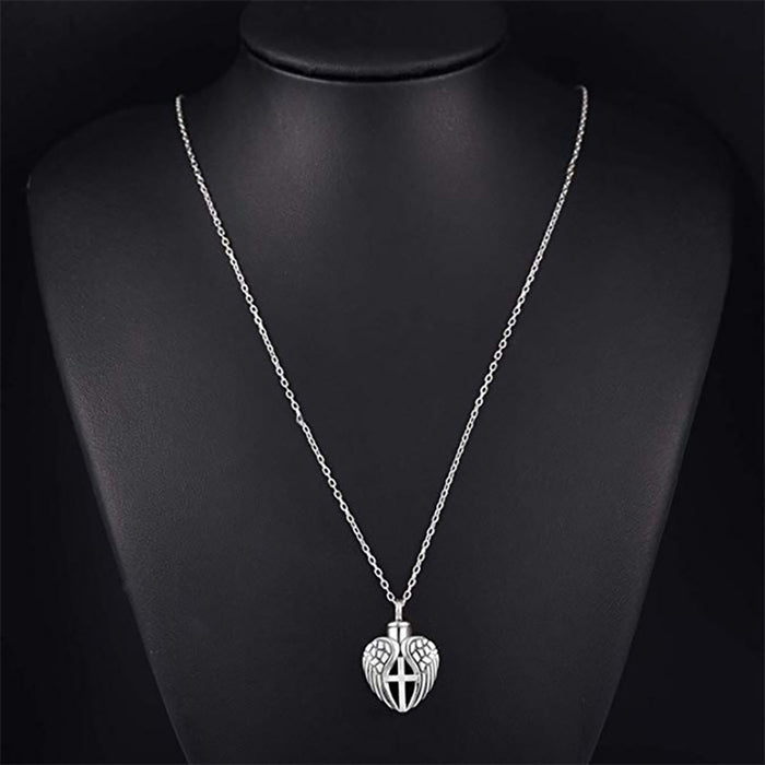 925 Silver Angel Wings Necklace Pendant Angel Cross Cremation Urn Ashes Keepsake Jewelry