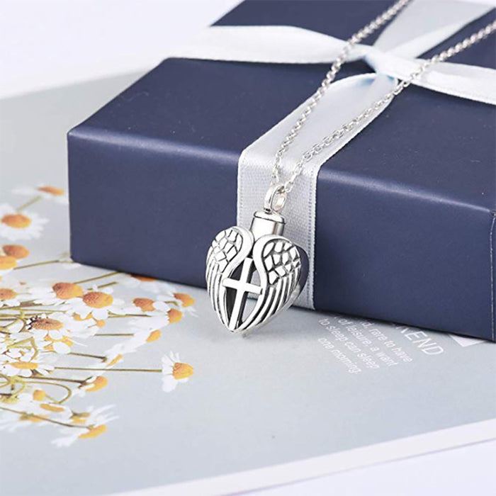 925 Silver Angel Wings Necklace Pendant Angel Cross Cremation Urn Ashes Keepsake Jewelry