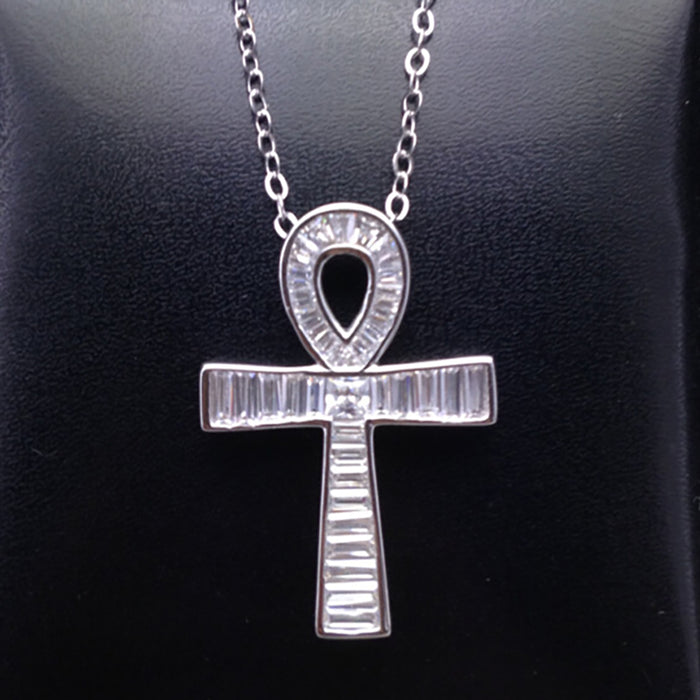 925 Sterling Silver Ankh Necklace Pendant Diamond Cross Fashion Jewelry