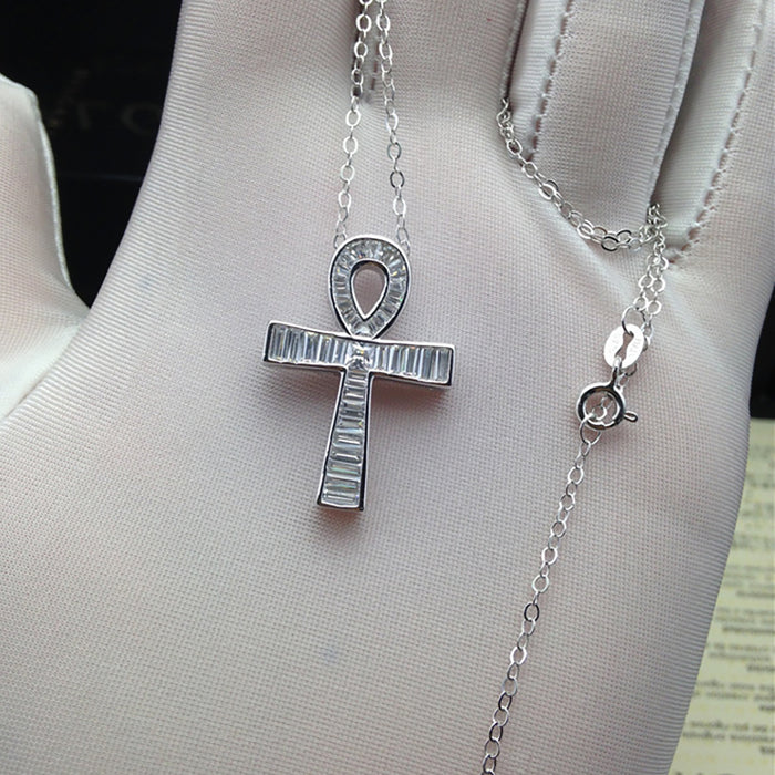 925 Sterling Silver Ankh Necklace Pendant Diamond Cross Fashion Jewelry