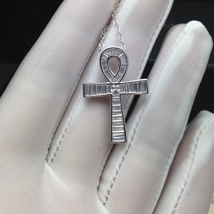 925 Sterling Silver Ankh Necklace Pendant Diamond Cross Fashion Jewelry