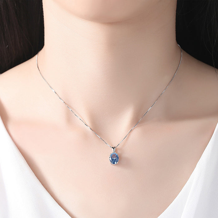 Real Solid 925 Sterling Silver Oval Blue Topaz Pendant Necklace Box Chain Jewelry 18"