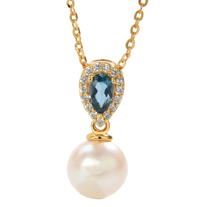 Real Solid 925 Sterling Silver Natural Freshwater Pearl Topaz Pendant Necklace Beautiful Jewelry
