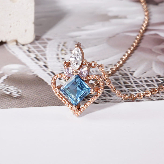 Real Solid 925 Sterling Silver Natural Blue Topaz Pendant Necklace Beautiful Loving Heart Jewelry