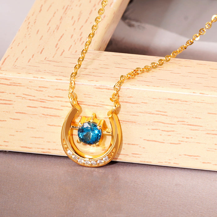 Real Solid 925 Sterling Silver Natural Round Blue Topaz Pendant Necklace Horseshoe Beautiful Jewelry