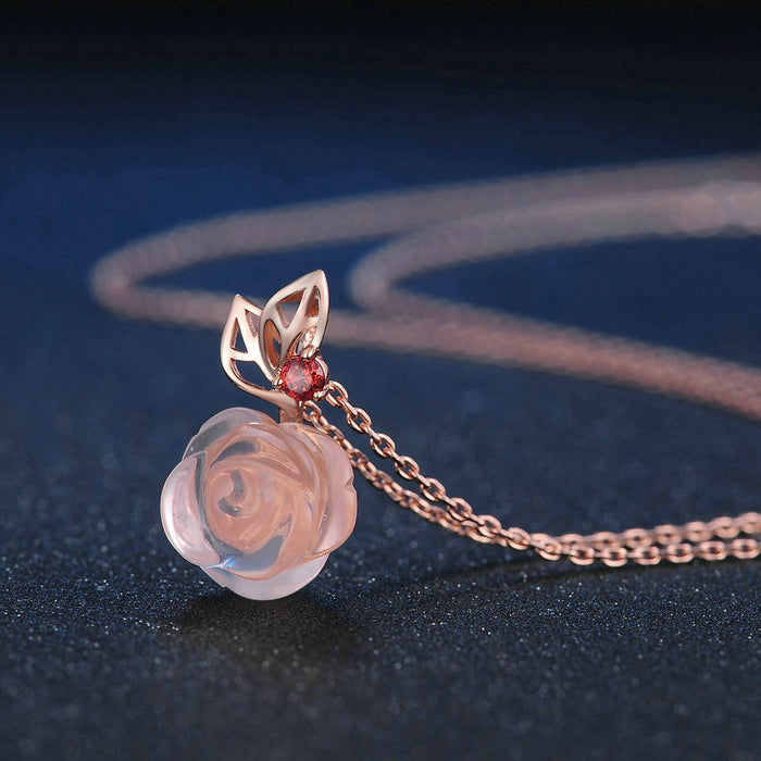 Real Solid 925 Sterling Silver Natural 9mm Rose Quartz Garnet Pendant Necklace Rose Flower Jewelry